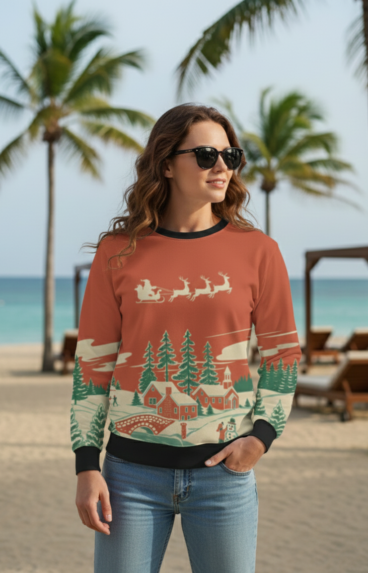 Woman wearing a festive sweater with a beach and palm trees in the background