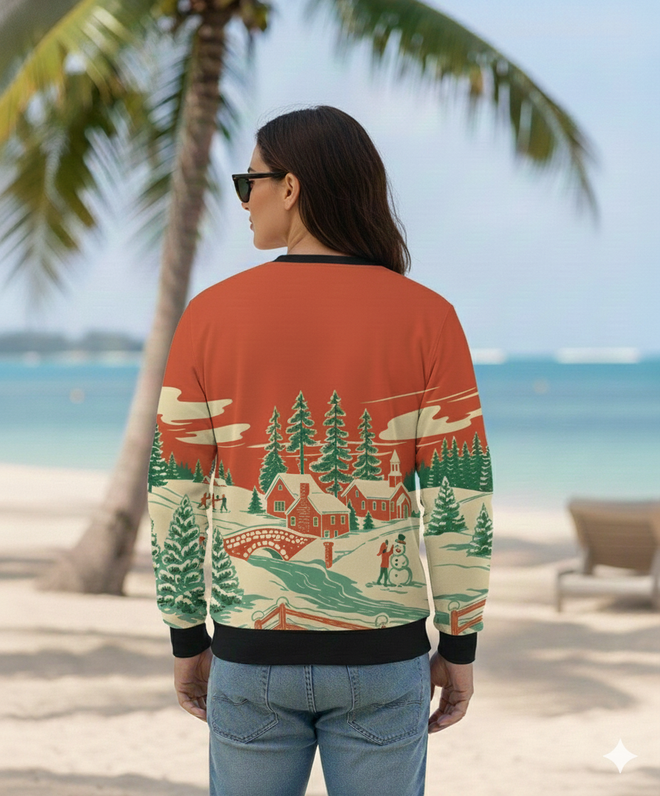 Person wearing a colorful sweater with a winter scene design on a beach.